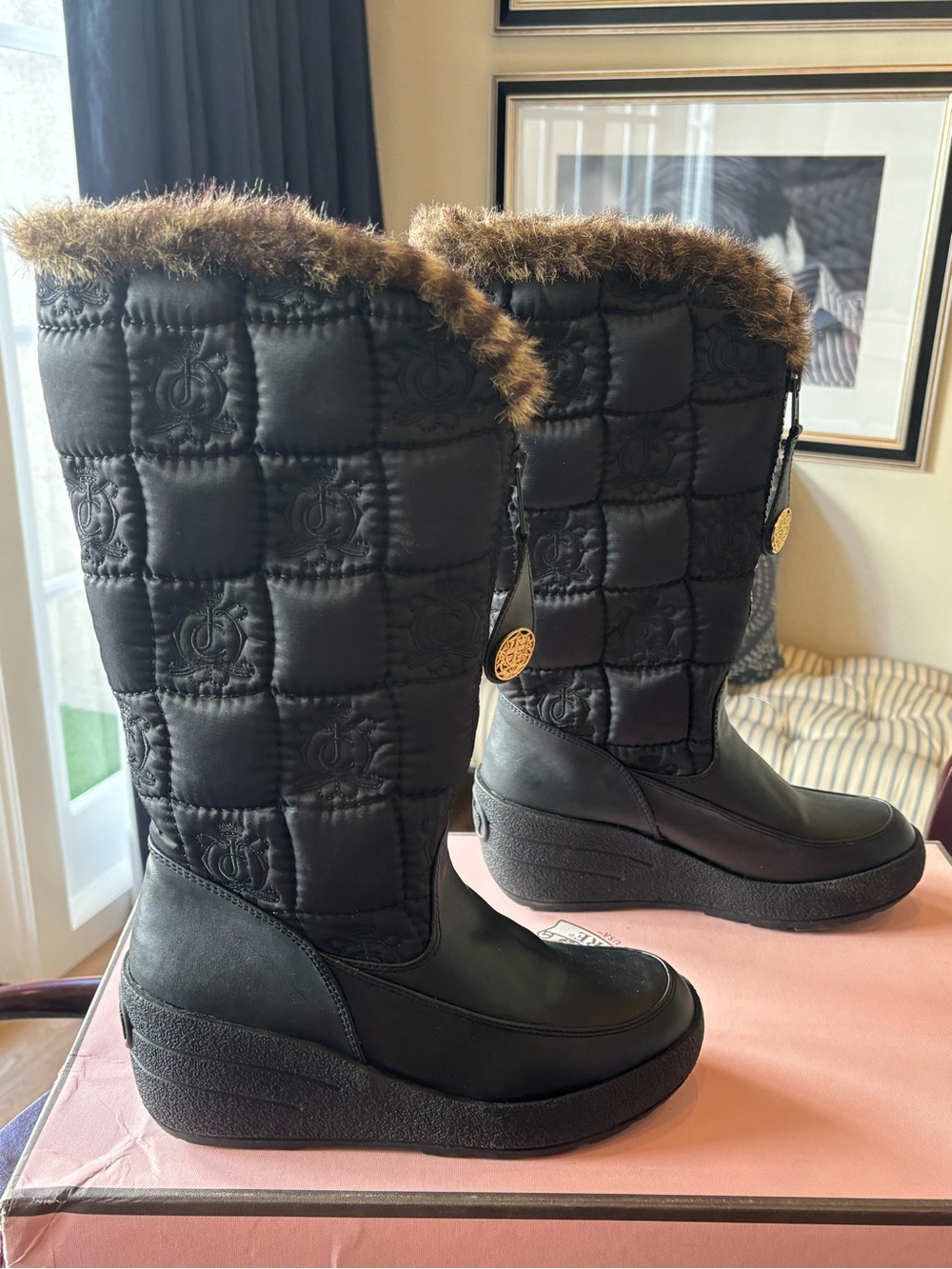Juicy Couture “Snowflurry” Quilted Winter Boots with Chocolate Faux Fur